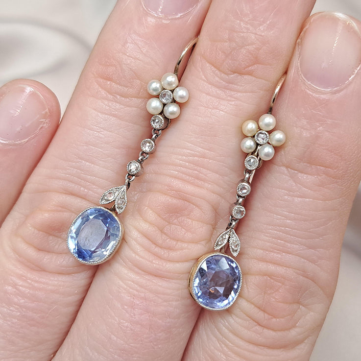 Edwardian Belle Epoque Antique Cornflower Ceylon Sapphire Natural Pearl and Diamond Drop Earrings in Platinum