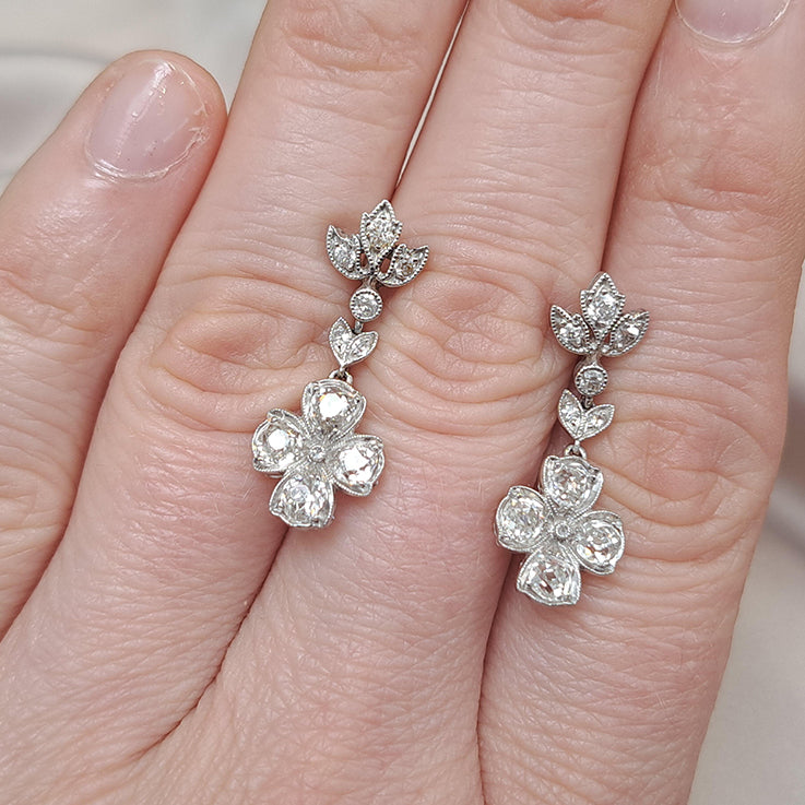 Antique Diamond Quatrefoil Cluster Drop Earrings
