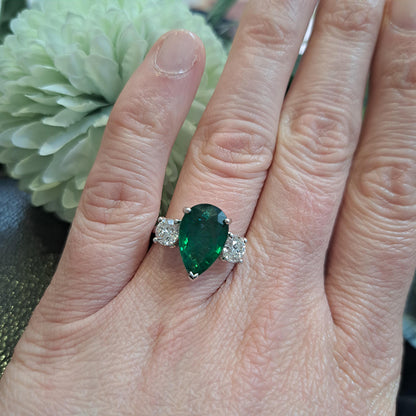 3.69ct Pear Cut Emerald and Diamond Trilogy Three Stone Engagement Ring