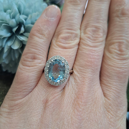 3.39ct Oval Aquamarine and Diamond Halo Cluster Engagement Ring in 18ct white gold