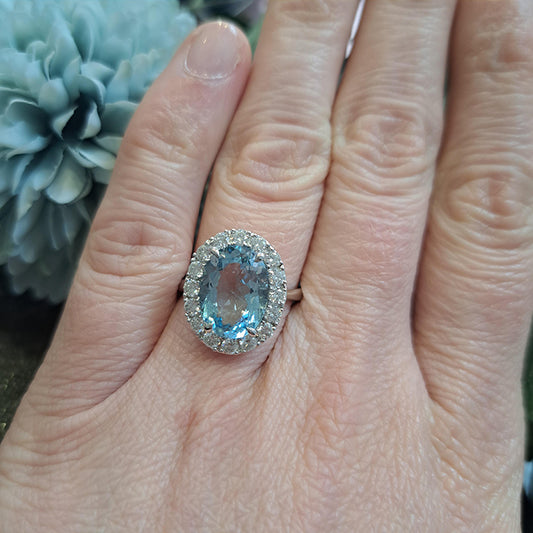 3.39ct Oval Aquamarine and Diamond Halo Cluster Engagement Ring in 18ct white gold