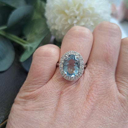 3.39ct Oval Aquamarine and Diamond Halo Cluster Engagement Ring in 18ct white gold