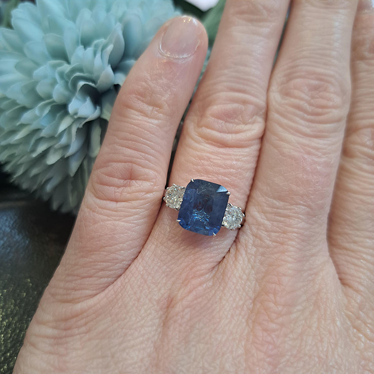 3.53ct Cushion Cut Sapphire and Diamond Three Stone Engagement Ring