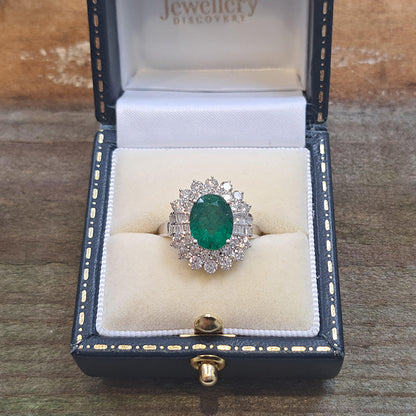 2.49ct Oval Emerald and Diamond Double Cluster Ring with Brilliant and Baguette Diamonds
