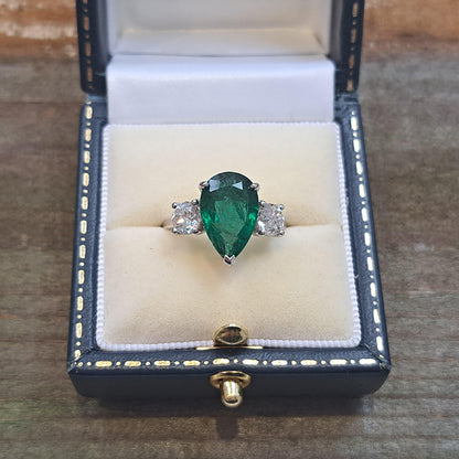 3.69ct Pear Cut Emerald and Diamond Trilogy Three Stone Engagement Ring