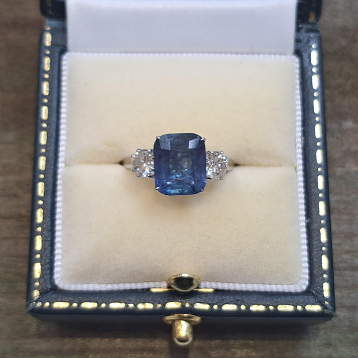 3.53ct Cushion Cut Sapphire and Diamond Three Stone Engagement Ring