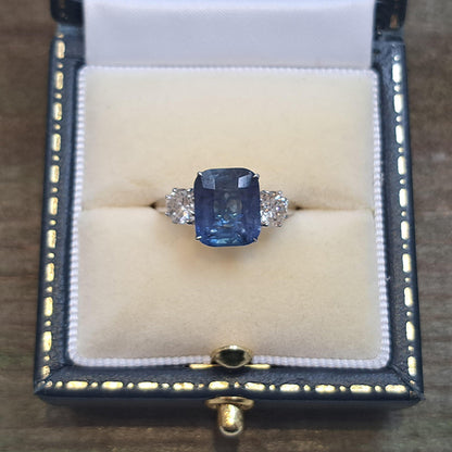 3.53ct Cushion Cut Sapphire and Diamond Three Stone Engagement Ring