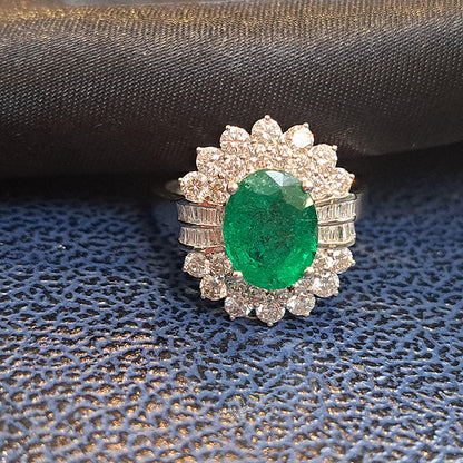 2.49ct Oval Emerald and Diamond Double Cluster Ring with Brilliant and Baguette Diamonds