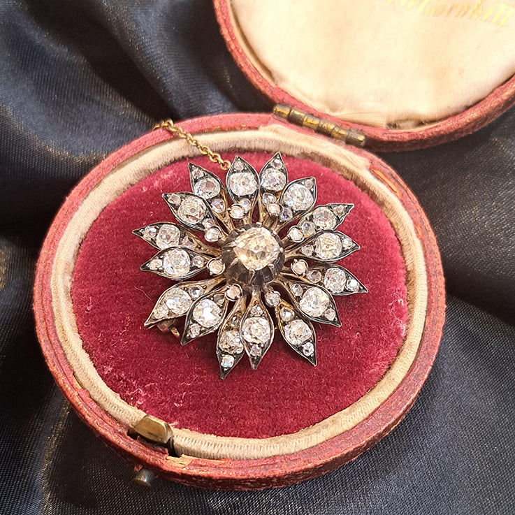 Victorian Antique Old Cut Diamond Star Flower Brooch