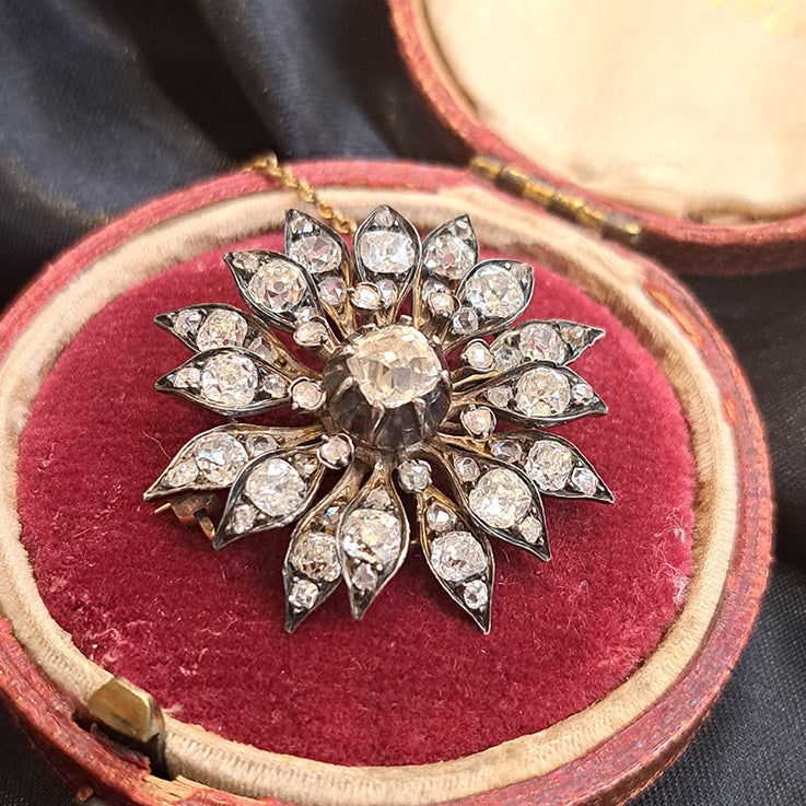 Victorian Antique Old Cut Diamond Star Flower Brooch