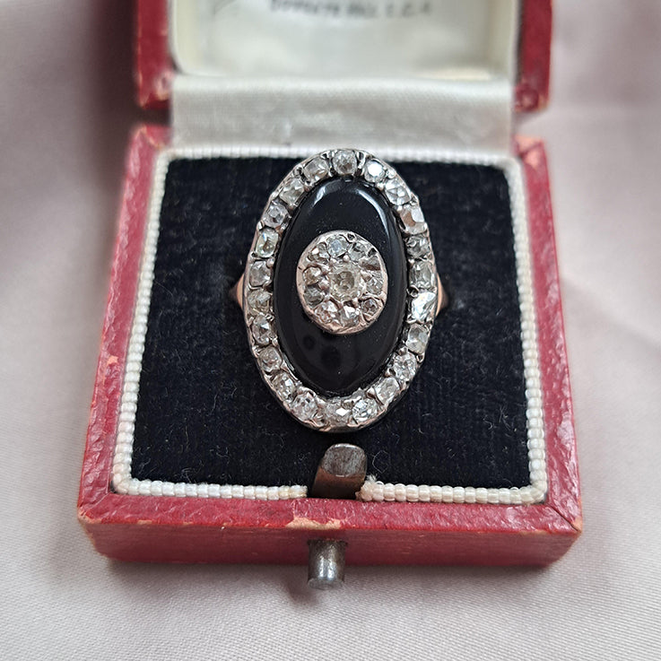 Georgian Antique Rose Cut Diamond and Black Onyx Cluster Plaque Ring