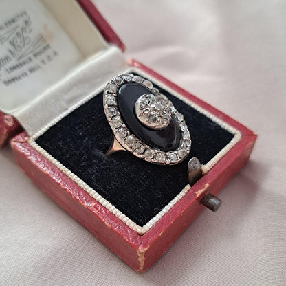 Georgian Antique Rose Cut Diamond and Black Onyx Cluster Plaque Ring