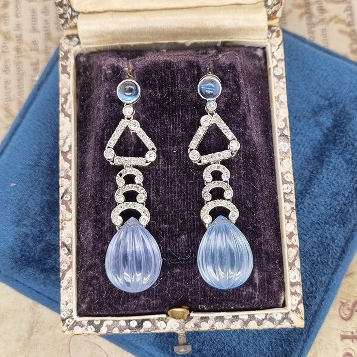 Art Deco Carved Watermelon Cut Ceylon Sapphire and Diamond Drop Earrings by Marzo