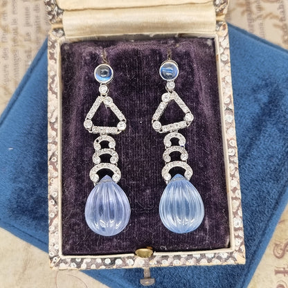 Art Deco Carved Watermelon Cut Ceylon Sapphire and Diamond Drop Earrings by Marzo