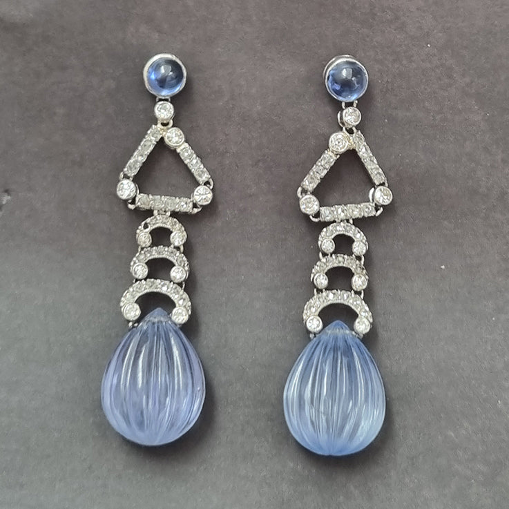 Art Deco Carved Watermelon Cut Ceylon Sapphire and Diamond Drop Earrings by Marzo