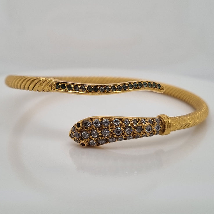 Antique 22ct Yellow Gold Snake Bangle Bracelet with Old Cut Diamonds