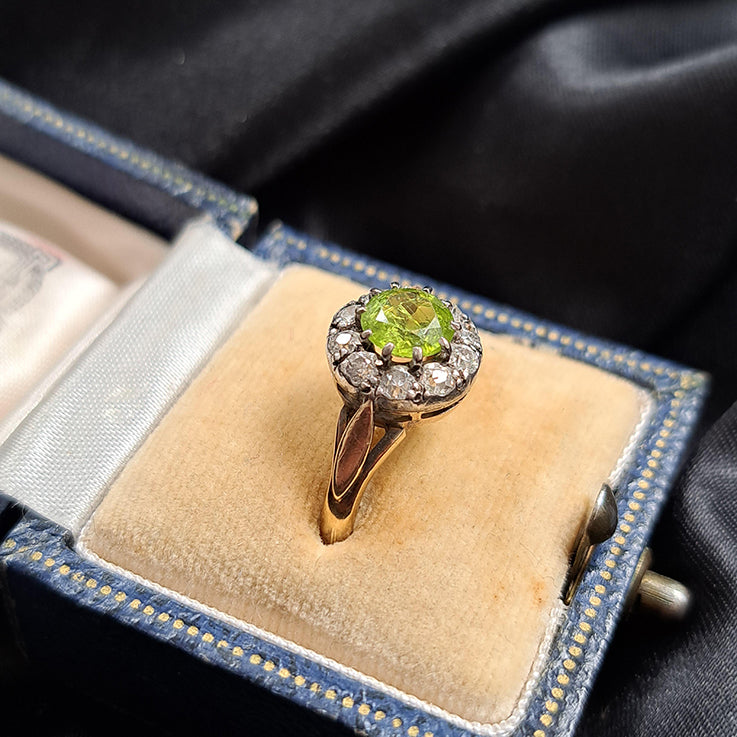 Vintage 1ct Peridot and Diamond Cluster Ring