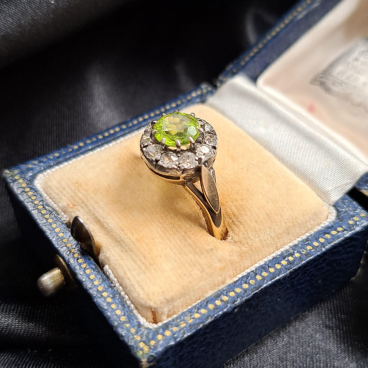 Vintage 1ct Peridot and Diamond Cluster Ring