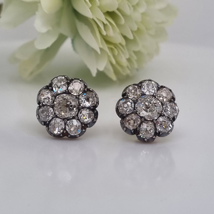Victorian Antique 6.80ct Old Mine Cut Diamond Cluster Stud Earrings, Circa 1870
