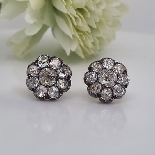 Victorian Antique 6.80ct Old Mine Cut Diamond Cluster Stud Earrings, Circa 1870