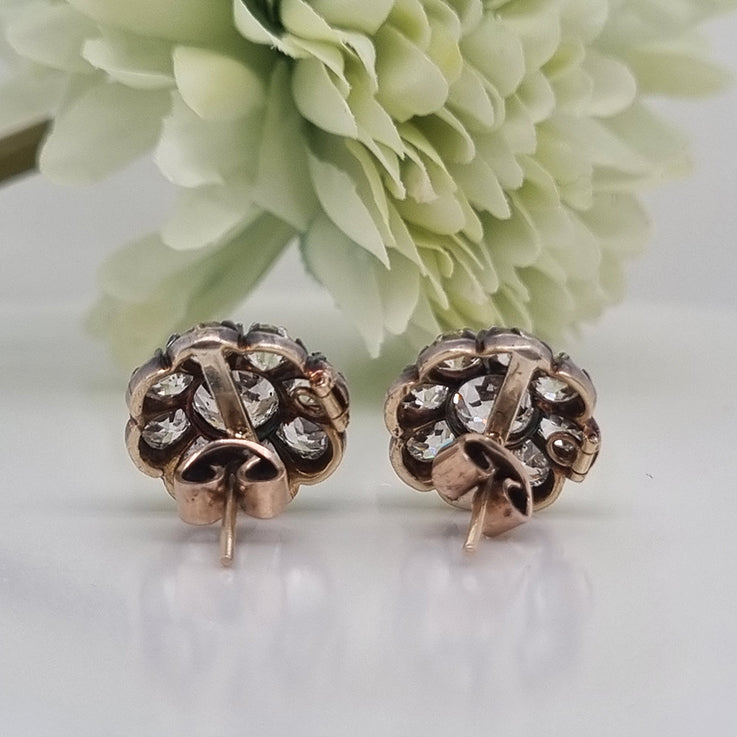 Victorian Antique 6.80ct Old Mine Cut Diamond Cluster Stud Earrings, Circa 1870