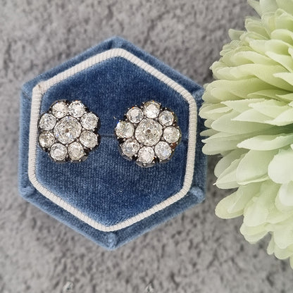 Victorian Antique 6.80ct Old Mine Cut Diamond Cluster Stud Earrings, Circa 1870