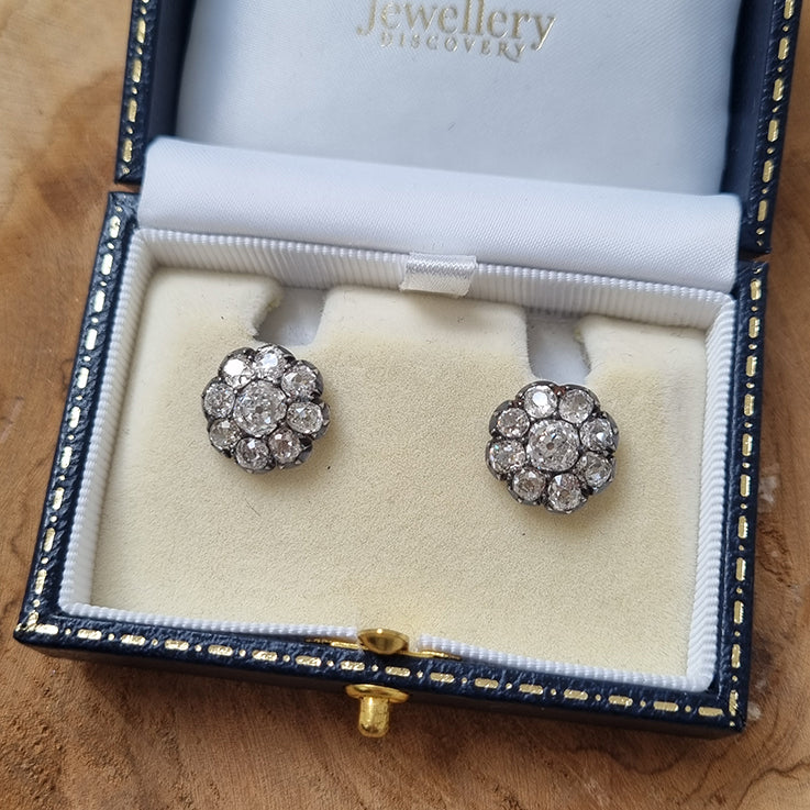 Victorian Antique 6.80ct Old Mine Cut Diamond Cluster Stud Earrings, Circa 1870