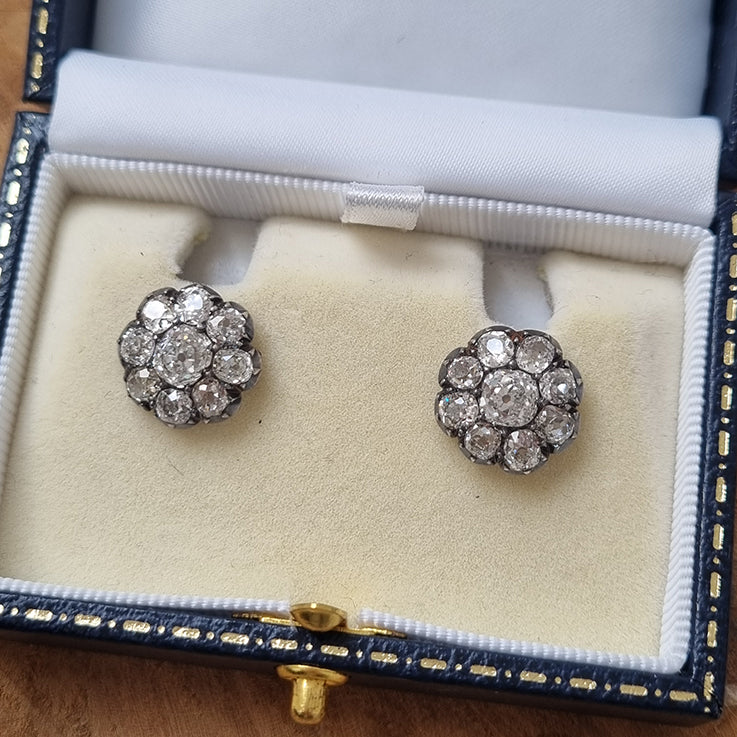 Victorian Antique 6.80ct Old Mine Cut Diamond Cluster Stud Earrings, Circa 1870