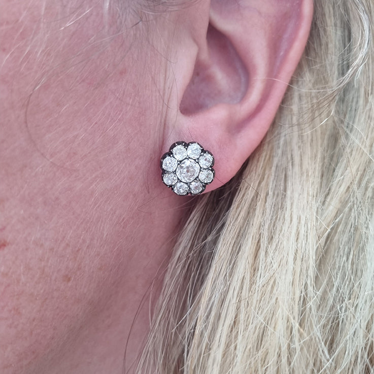 Victorian Antique 6.80ct Old Mine Cut Diamond Cluster Stud Earrings, Circa 1870