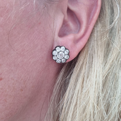Victorian Antique 6.80ct Old Mine Cut Diamond Cluster Stud Earrings, Circa 1870