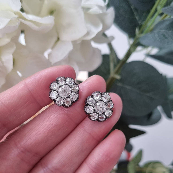 Victorian Antique 6.80ct Old Mine Cut Diamond Cluster Stud Earrings, Circa 1870