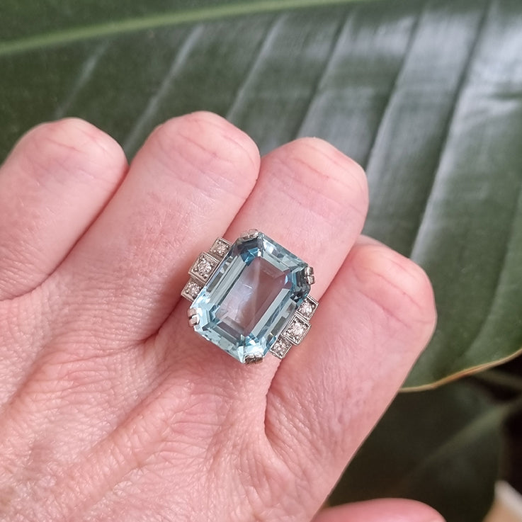 Art Deco 13.50ct Emerald Cut Aquamarine and Diamond Cocktail Ring