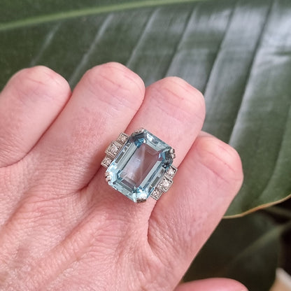 Art Deco 13.50ct Emerald Cut Aquamarine and Diamond Cocktail Ring