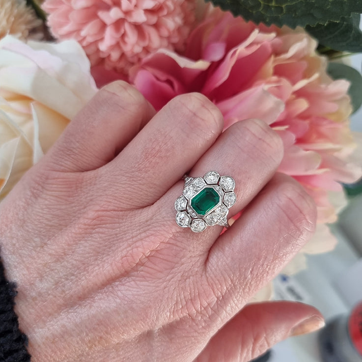Art Deco 1ct Colombian Emerald and 2ct Old Cut Diamond Floral Cluster Ring in Platinum Circa 1920