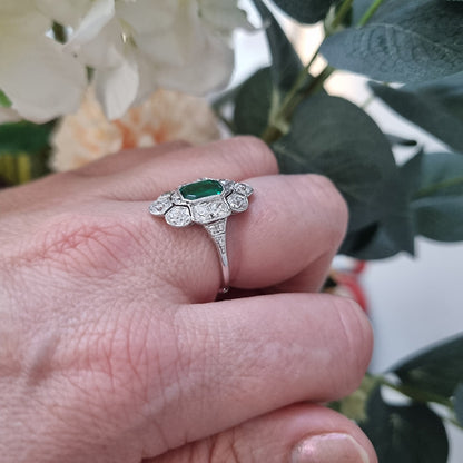 Art Deco 1ct Colombian Emerald and 2ct Old Cut Diamond Floral Cluster Ring in Platinum Circa 1920