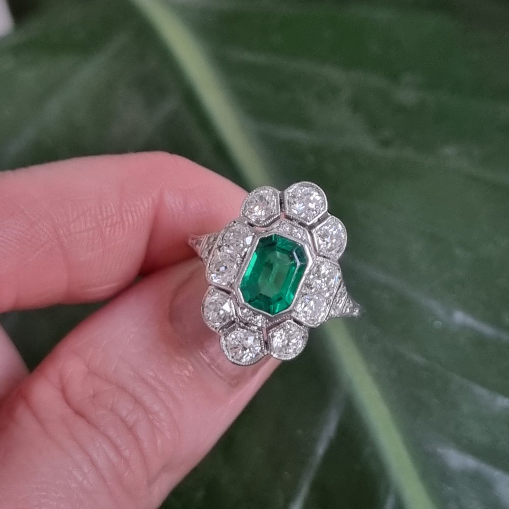 Art Deco 1ct Colombian Emerald and 2ct Old Cut Diamond Floral Cluster Ring in Platinum Circa 1920