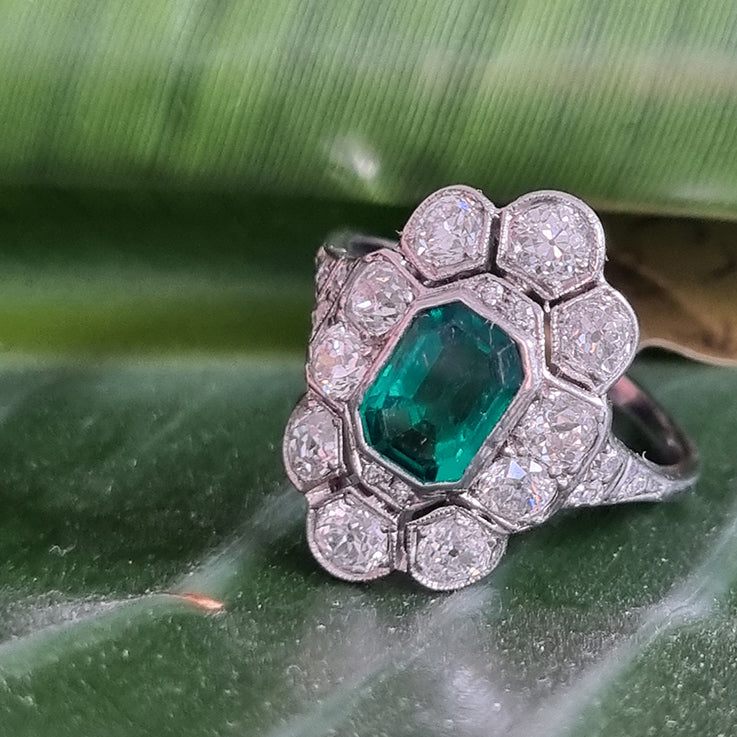 Art Deco 1ct Colombian Emerald and 2ct Old Cut Diamond Floral Cluster Ring in Platinum Circa 1920