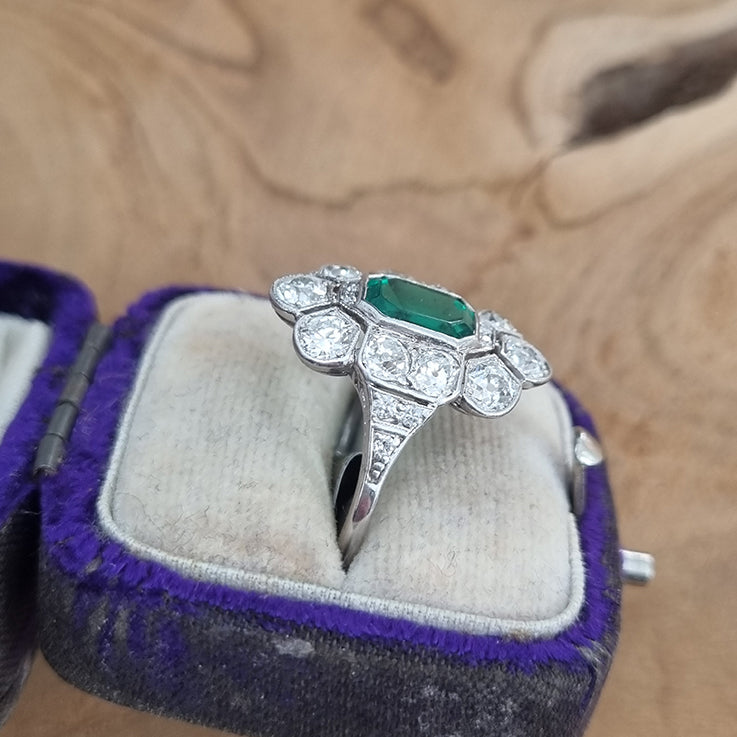 Art Deco 1ct Colombian Emerald and 2ct Old Cut Diamond Floral Cluster Ring in Platinum Circa 1920