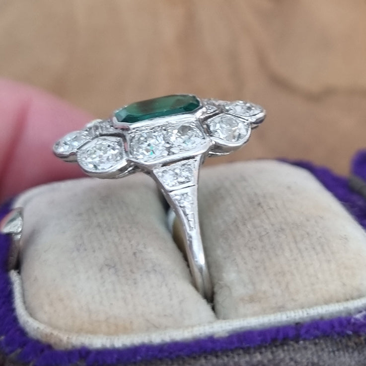 Art Deco 1ct Colombian Emerald and 2ct Old Cut Diamond Floral Cluster Ring in Platinum Circa 1920