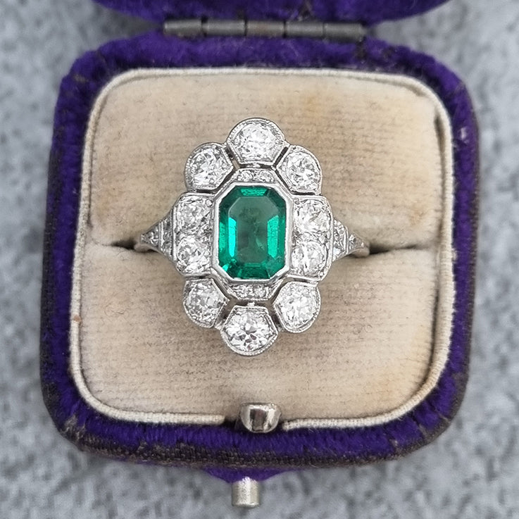 Art Deco 1ct Colombian Emerald and 2ct Old Cut Diamond Floral Cluster Ring in Platinum Circa 1920