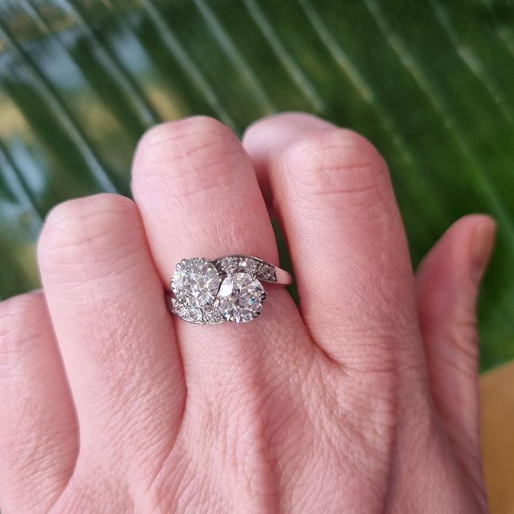 Antique 2.50ct Old Cut Diamond Toi et Moi Two Stone Crossover Engagement Ring in Platinum