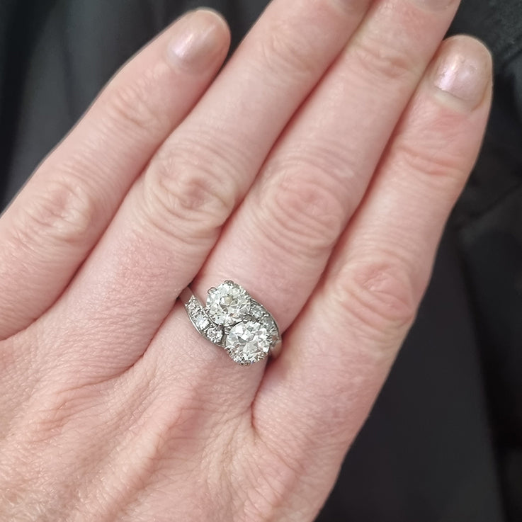 Antique 2.50ct Old Cut Diamond Toi et Moi Two Stone Crossover Engagement Ring in Platinum