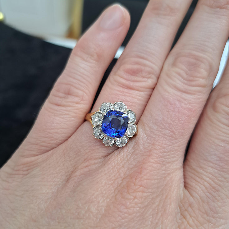 Antique 3.50ct Sapphire and 2.40ct Old Cut Diamond Cluster Engagement Ring
