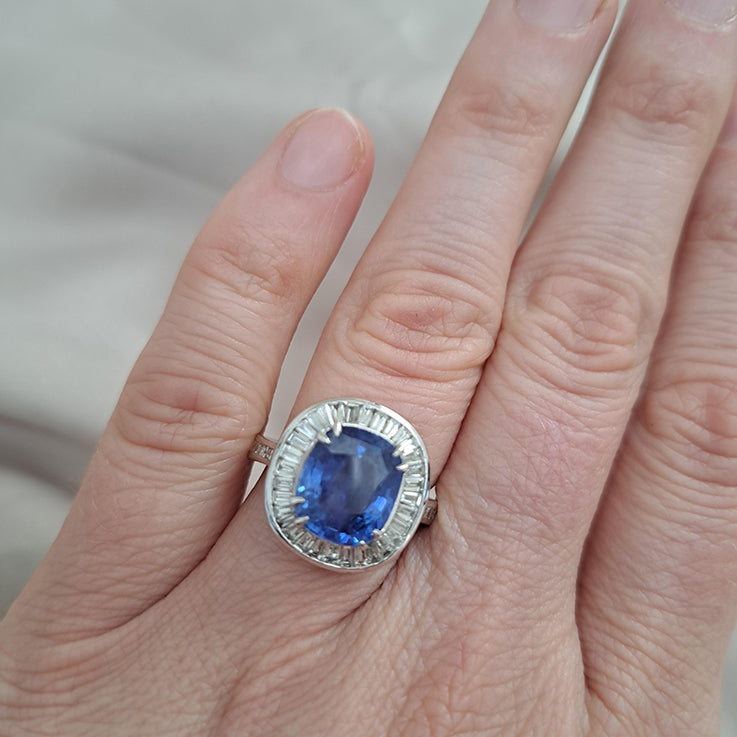5.17ct Natural No Heat Ceylon Sapphire and Baguette Diamond Cluster Ring