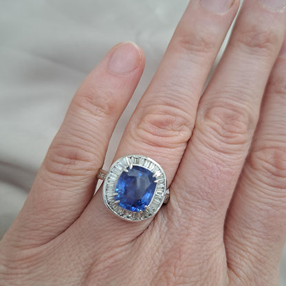 5.17ct Natural No Heat Ceylon Sapphire and Baguette Diamond Cluster Ring