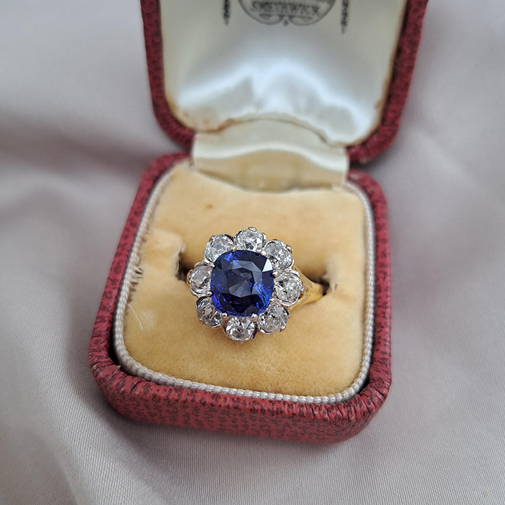 Antique 3.50ct Sapphire and 2.40ct Old Cut Diamond Cluster Engagement Ring