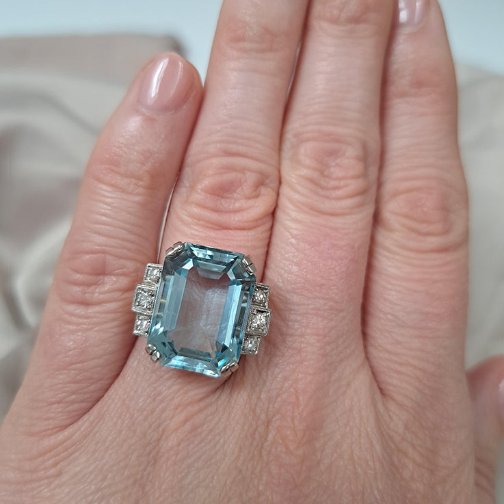 Art Deco 13.50ct Aquamarine and Diamond Cocktail Ring