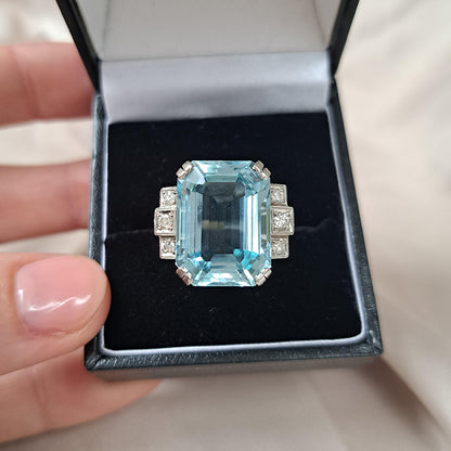 Art Deco 13.50ct Aquamarine and Diamond Cocktail Ring