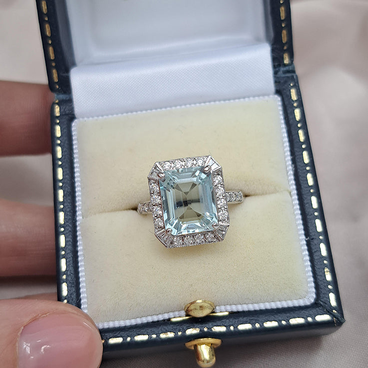 3.70ct Emerald Cut Aquamarine and Diamond Cluster Ring