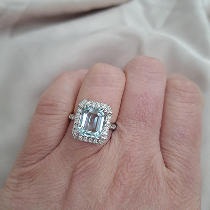 3.70ct Emerald Cut Aquamarine and Diamond Cluster Ring